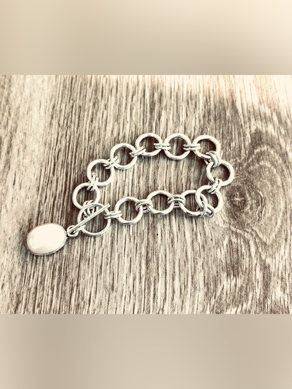 Sterling Silver Link Bracelet with Pearl Charm